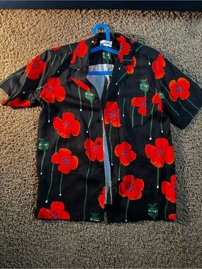 Soulland Black Short-Sleeve Button Shirt with Red Floral Print